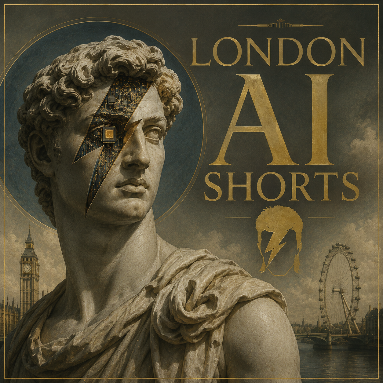 London AI Shorts cover artwork — classical bust with a bolt across the face